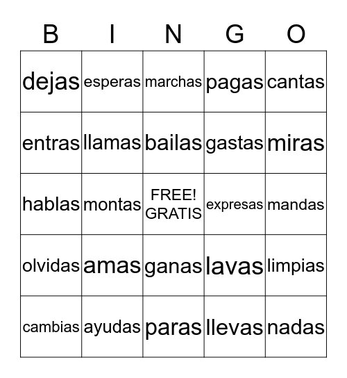 singular 2nd person singular-     tu (as) Bingo Card