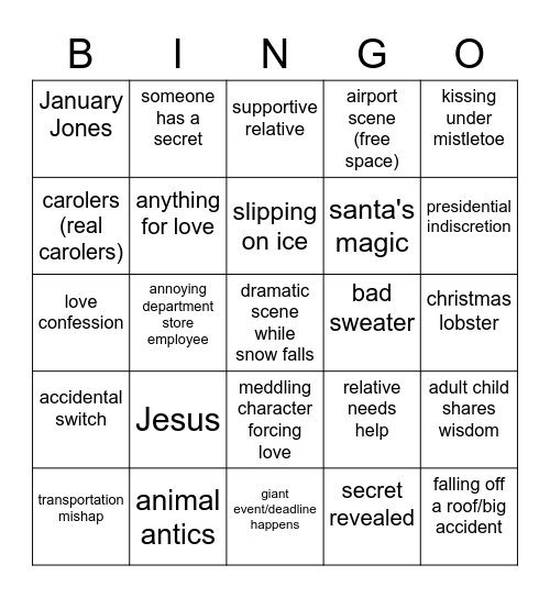 Love Actually Bingo Card