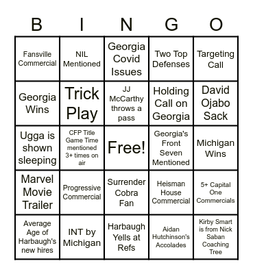 Michigan vs. Georgia Bingo Card