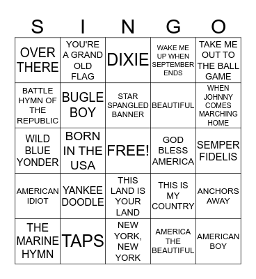 PATRIOTIC SINGO Bingo Card