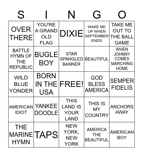 PATRIOTIC SINGO Bingo Card