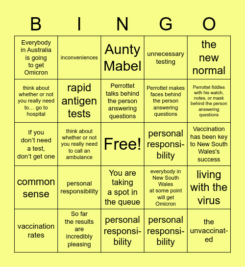 Perrottet/Hazzard Covid-19 update Bingo Card