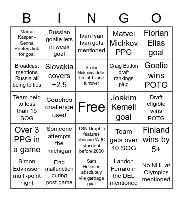 WJC Bingo (December 26th) Bingo Card