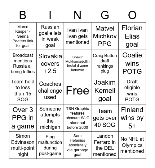 WJC Bingo (December 26th) Bingo Card