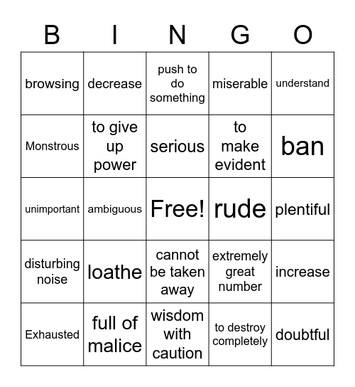 Vocabulary Practice! Bingo Card