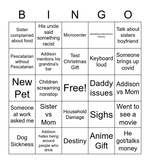 Addison Bingo 2 Bingo Card