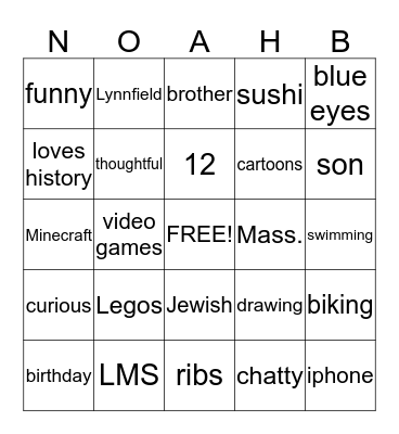 ALL ABOUT NOAH Bingo Card