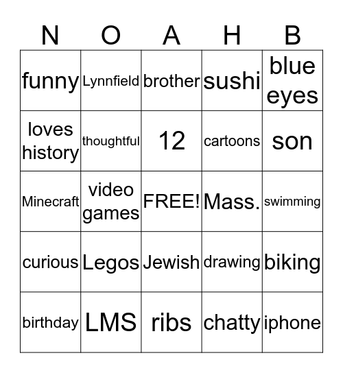 ALL ABOUT NOAH Bingo Card