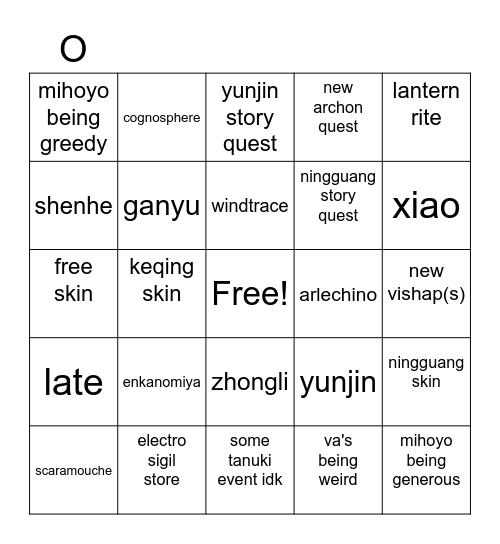 genshin livestream drinking game Bingo Card