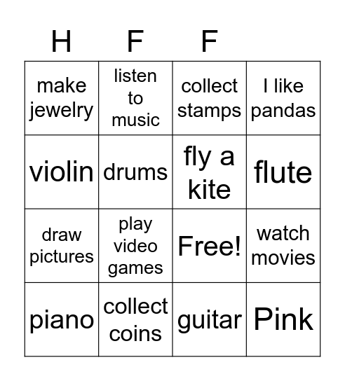 Hobbies and Musical Instruments Bingo Card