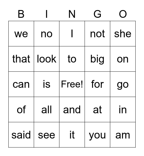 HFW words Bingo Card