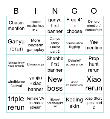 Genshin 2.4 livestream Bingo Card