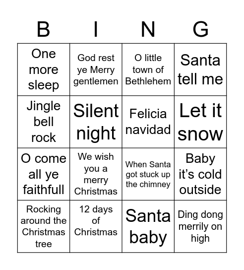 Christmas song bingo Card