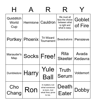 Harry Potter Goblet of Fire Bingo Card
