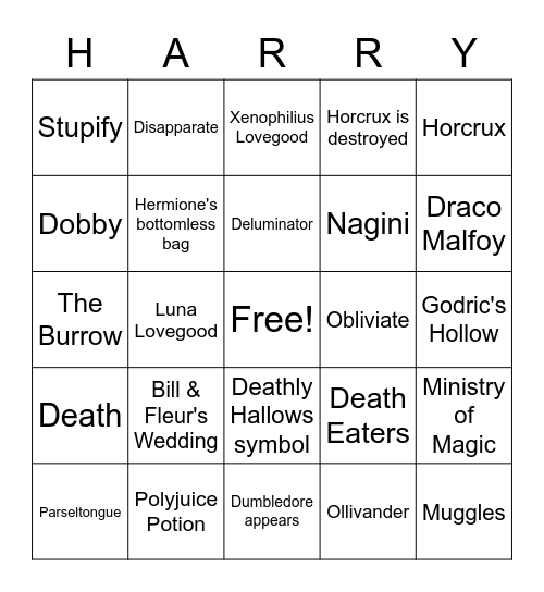 Harry Potter and the Deathly Hallows Pt 1 Bingo Card