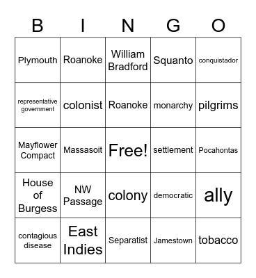 Early American Colonies Bingo Card