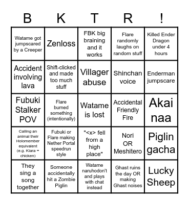 Bakatare Minecraft 27 December 2021 Bingo Card
