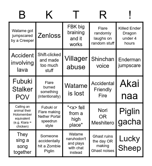 Bakatare Minecraft 27 December 2021 Bingo Card