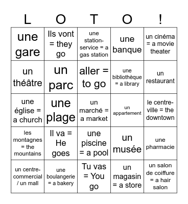 Les endroits / les lieux en ville = places around town Bingo Card