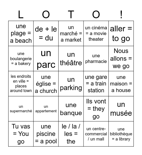 Les endroits / les lieux en ville = places around town Bingo Card