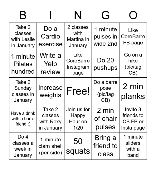 CORE BARRE BINGO 2022 Bingo Card