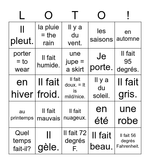 Le temps qu'il fait + les vêtements Bingo Card