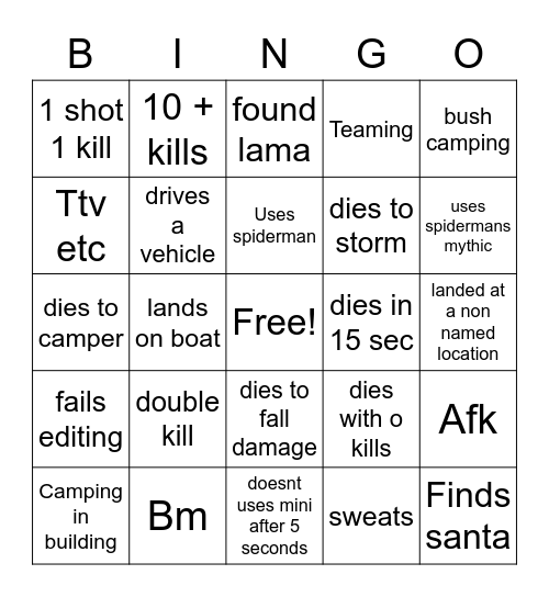 Fortnite bingo card Bingo Card