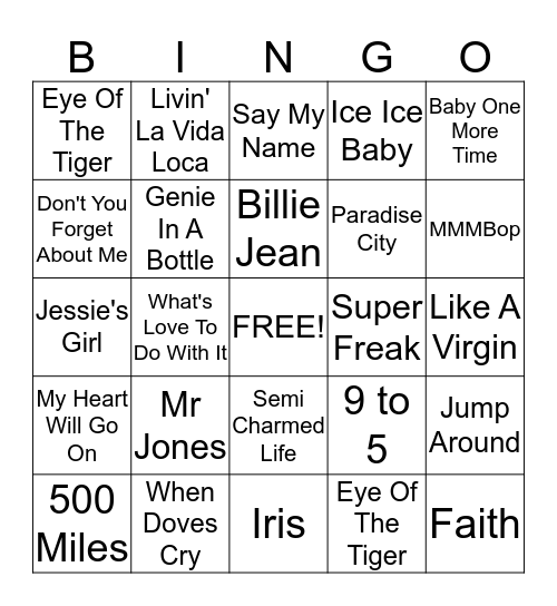 80's & 90's Classics Bingo Card