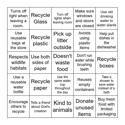 God's Creation Conservation Card Bingo Card