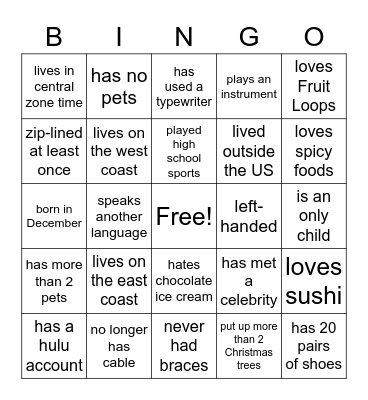 Family Connection Bingo Card