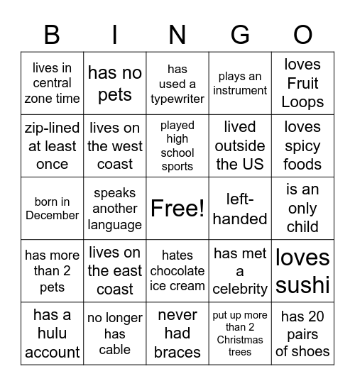 Family Connection Bingo Card