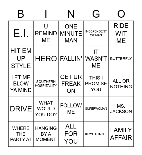 End of Year 2001 Bingo Card