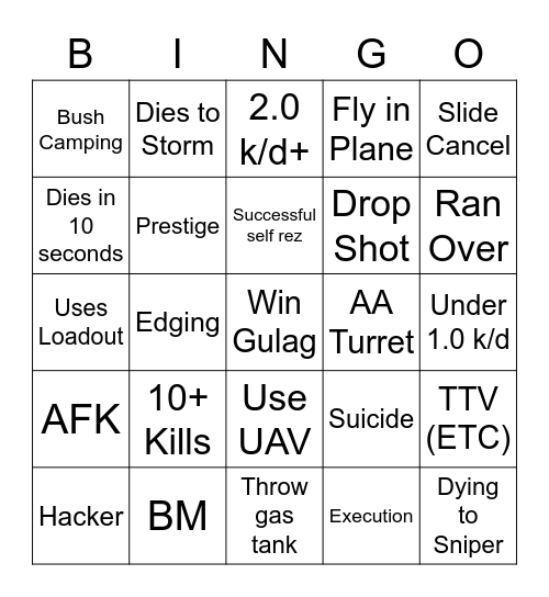 Warzone Bingo Card