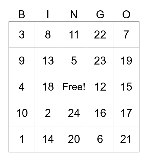 1234 Bingo Card