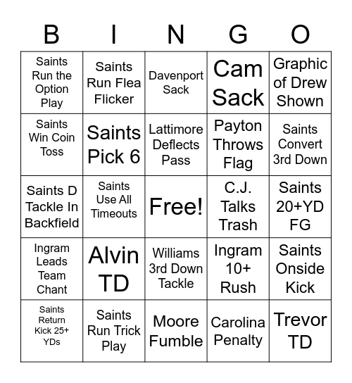 Saints V Panthers Bingo Card