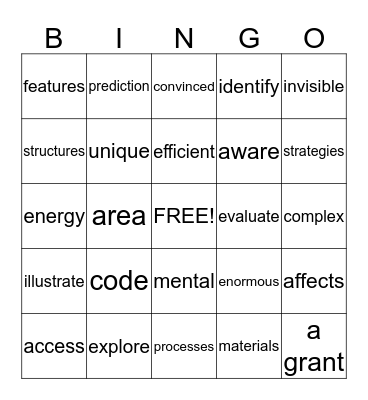 Vocabulary Bingo Card