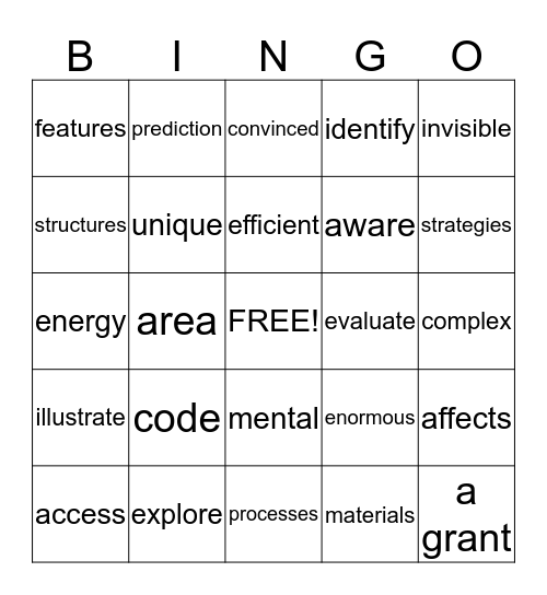 Vocabulary Bingo Card