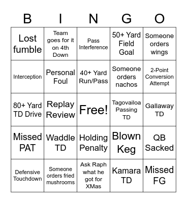 Monday Night Football Bingo Card