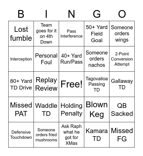 Monday Night Football Bingo Card