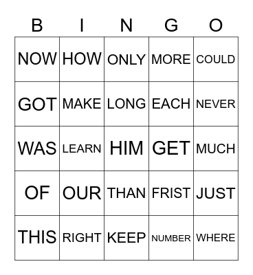 SIGHT WORDS Bingo Card