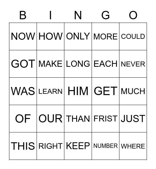 SIGHT WORDS Bingo Card