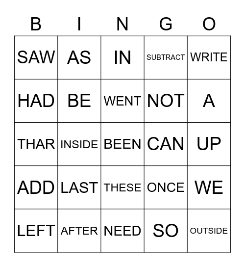 SIGHT WORDS Bingo Card