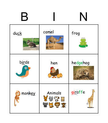 Animal Picture Bingo Card