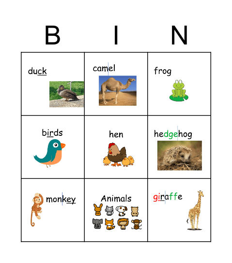 Animal Picture Bingo Card