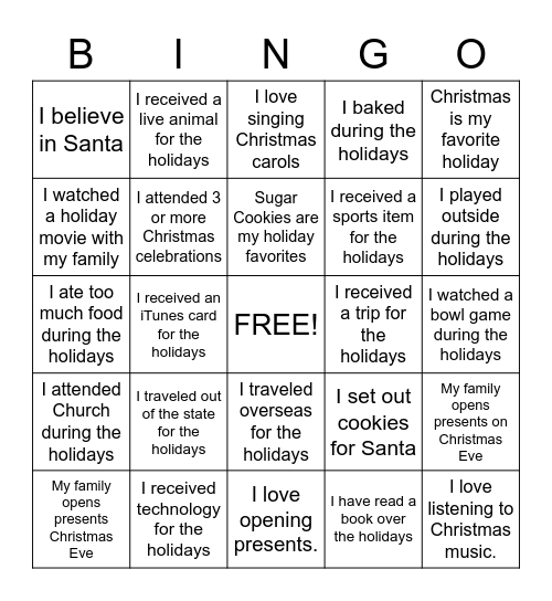 Holiday Squares Bingo Card