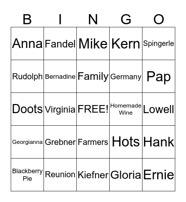 Grebner Family Reunion Bingo Card