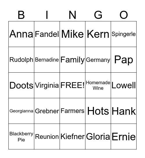 Grebner Family Reunion Bingo Card