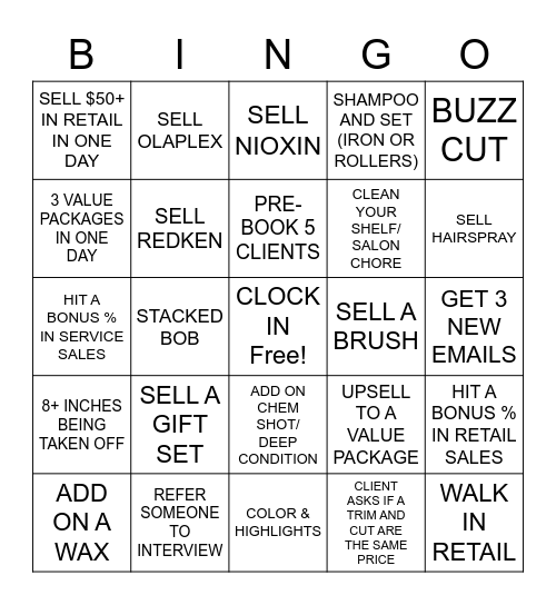 Hair Cuttery Bingo Card