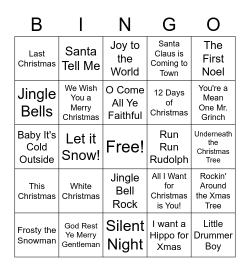 Christmas Song Bingo Card