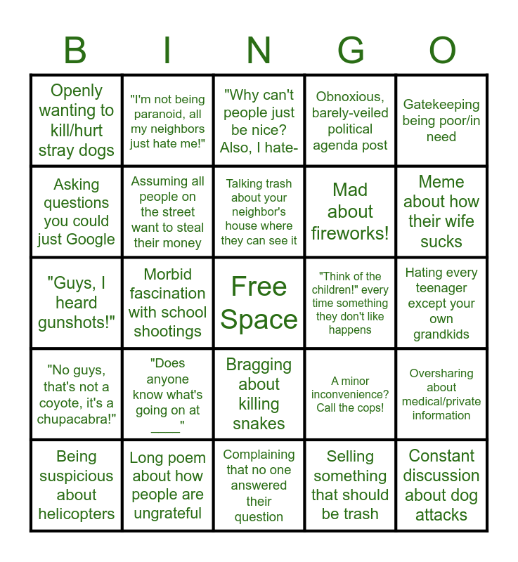 Worst Of Nextdoor Bingo Card